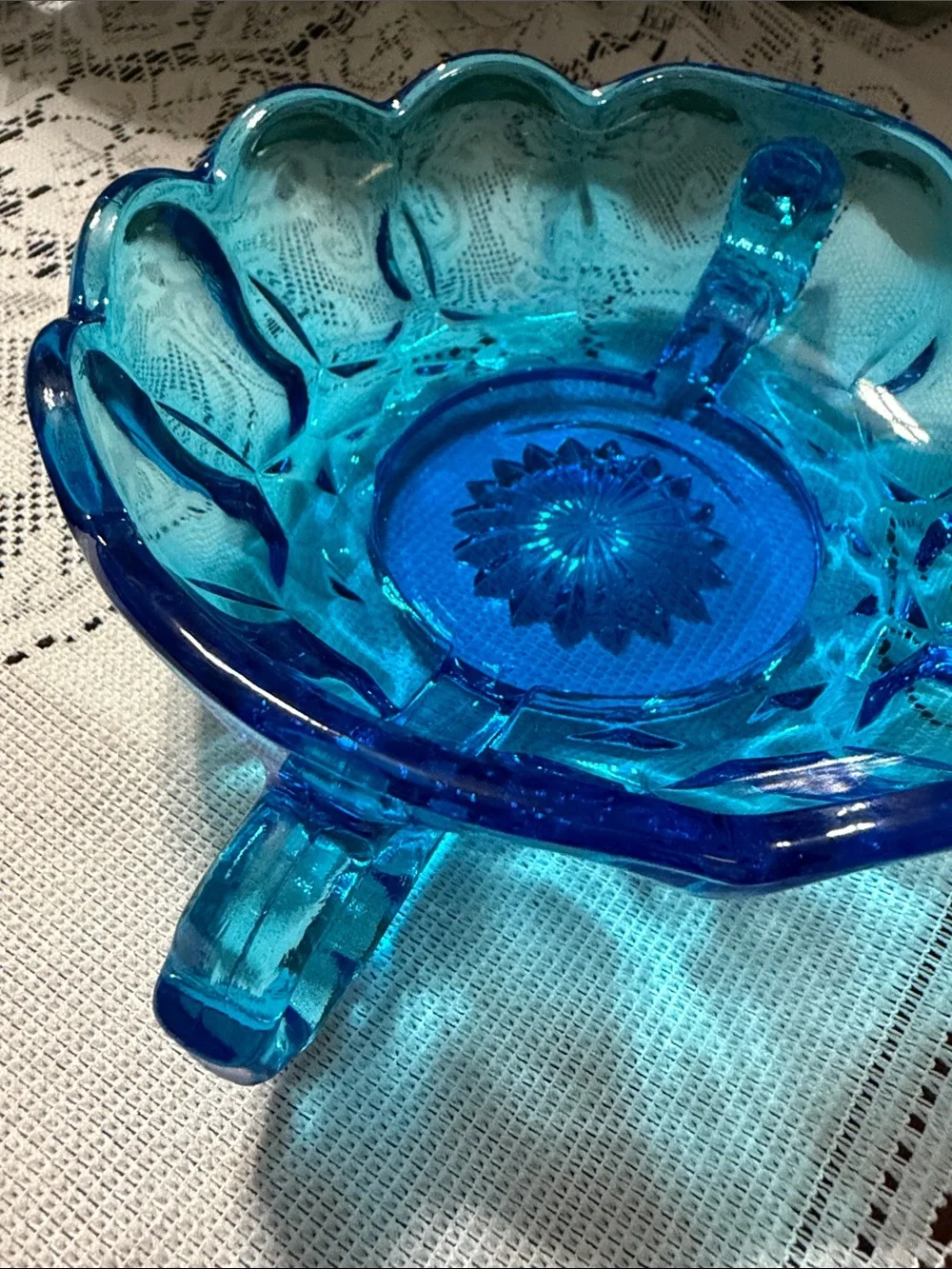 Vintage double handled Blue Glass Thumbprint pattern Candy Dish